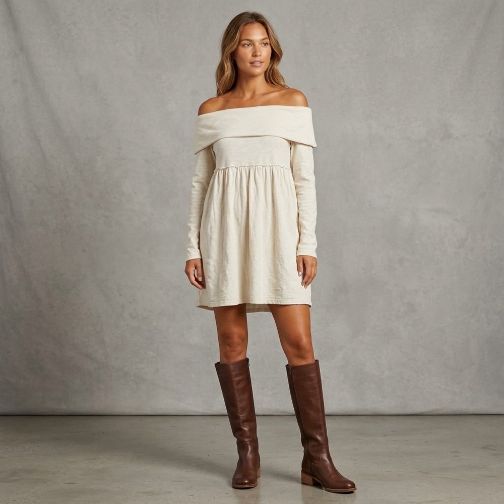 Anthropology Sat Sun Cream Cotton Off Shoulder Empire Waist Dress Pockets Small